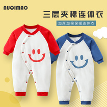  Newborn baby autumn and winter one-piece long-sleeved baby warm padded clothes Net red pure cotton romper climbing clothes pajamas