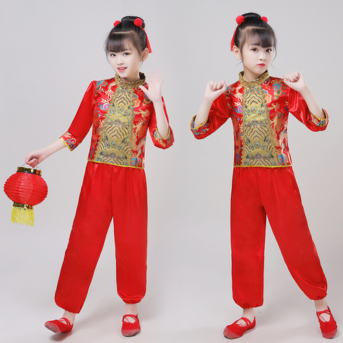 Chinese dragon drummer performance costumes for boy girls Children drum costume red Yangko costume martial arts performance costume waist drum costume Chinese red lantern performance Costume