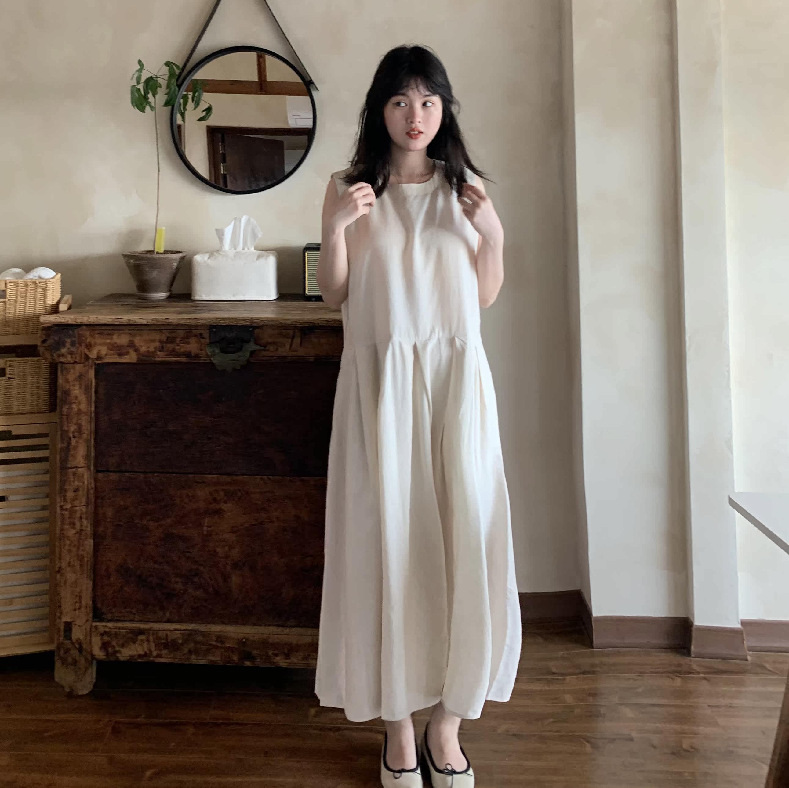 Linen Cotton Blend A-Line Sleeveless Dress / Minimalist Solid Color Japanese Retro / Premium Textured Loose Fit Slip Dress joeng | One Piece Dresses
