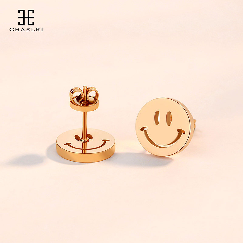 earrings 2019 new wave smiling smiley face ear pin female brief temperament titanium steel plated 18K rose gold earthen ornament