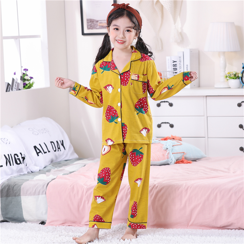 . Xuân Thu childrens tay áo ngắn trẻ em vừa đồ ngủ womens bông bộ bé trai quần áo nhà cô gái mùa hè mỏng