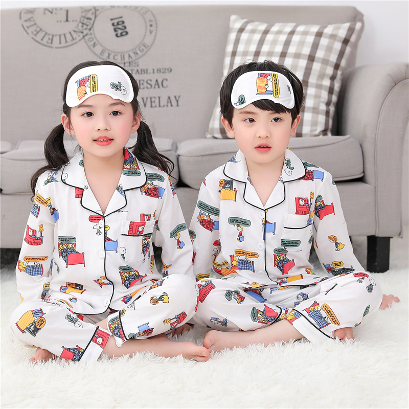 . Xuân Thu childrens tay áo ngắn trẻ em vừa đồ ngủ womens bông bộ bé trai quần áo nhà cô gái mùa hè mỏng