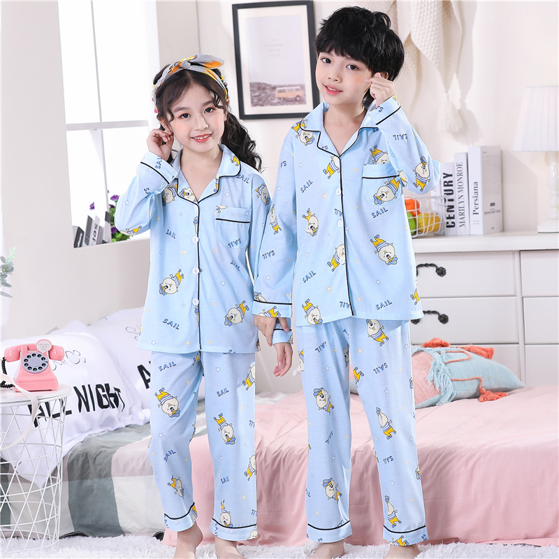 . Xuân Thu childrens tay áo ngắn trẻ em vừa đồ ngủ womens bông bộ bé trai quần áo nhà cô gái mùa hè mỏng