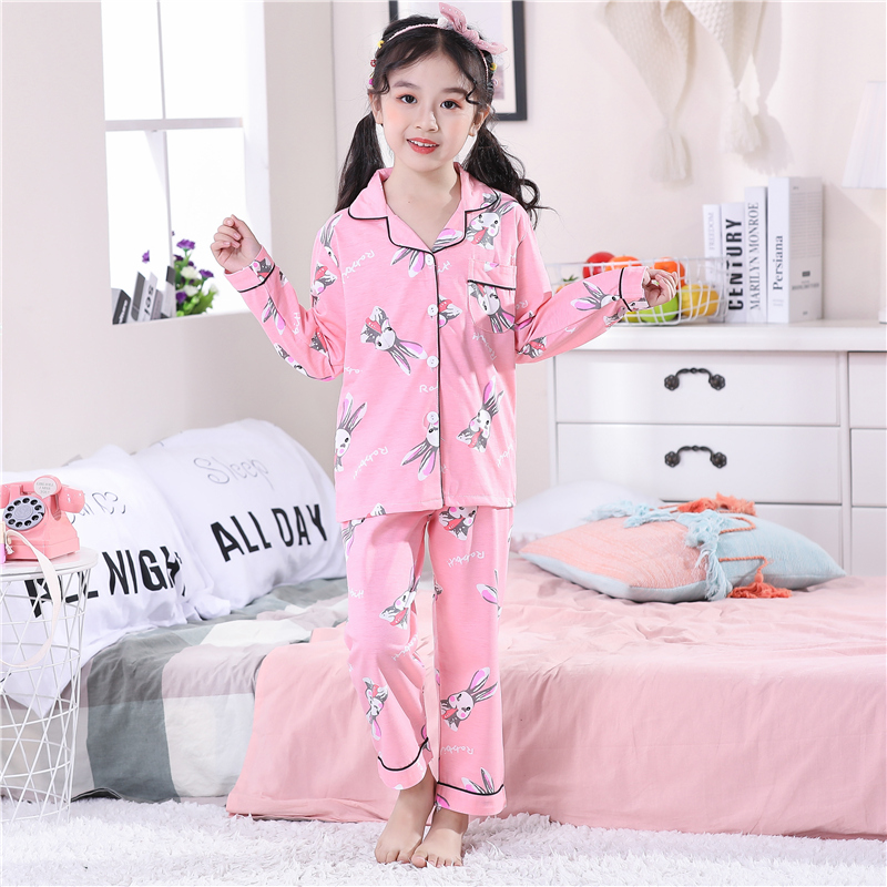 . Xuân Thu childrens tay áo ngắn trẻ em vừa đồ ngủ womens bông bộ bé trai quần áo nhà cô gái mùa hè mỏng