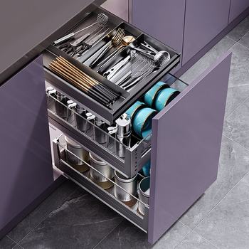 Kitchen cabinets, dishes, drawers, small size aluminum alloy cabinet body storage double three-layer open door type dishes, pull basket