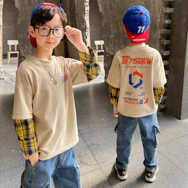 Boys' long-sleeved T-shirts 2021 new fake two-piece tops Children's boys' middle school boys' spring and autumn Korean version of the tide brand foreign