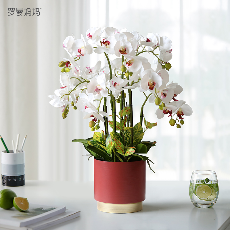 Roman mother creative feel white phalaenopsis simulation flower fake flower potted plant set desktop coffee table decoration bonsai
