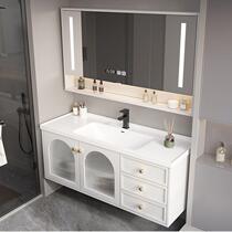 New 2023 light luxury simple pastoral style household solid wood bathroom cabinet combination bathroom ceramic integrated basin hand wash