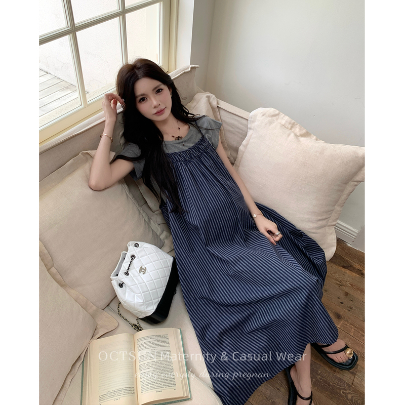 Maternity Dress Summer New Style Striped Suspender Long Dress Solid Color Short-Sleeved Inner Wear Slimming Belly-Covering Two-Piece Set