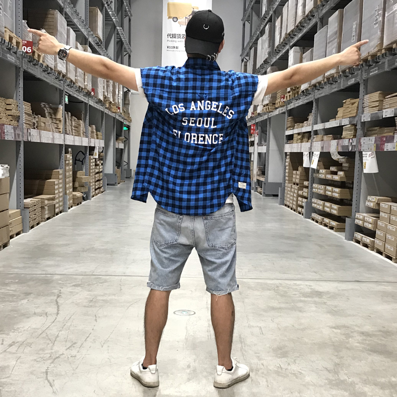 Sleeveless Shirt for Men, Trendy American-Style Printed Casual Frayed Vest, Loose Cotton Washed Plaid Thin Shirt