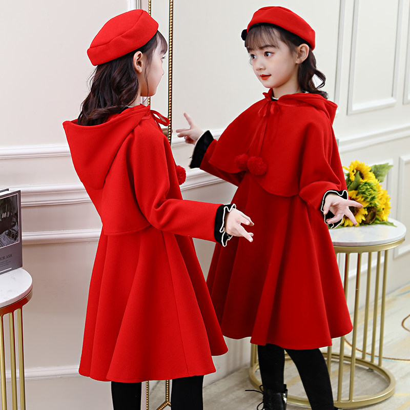 Girls  New Years winter clothes dress long sleeve sweater two-piece set of big childrens big red princess dress
