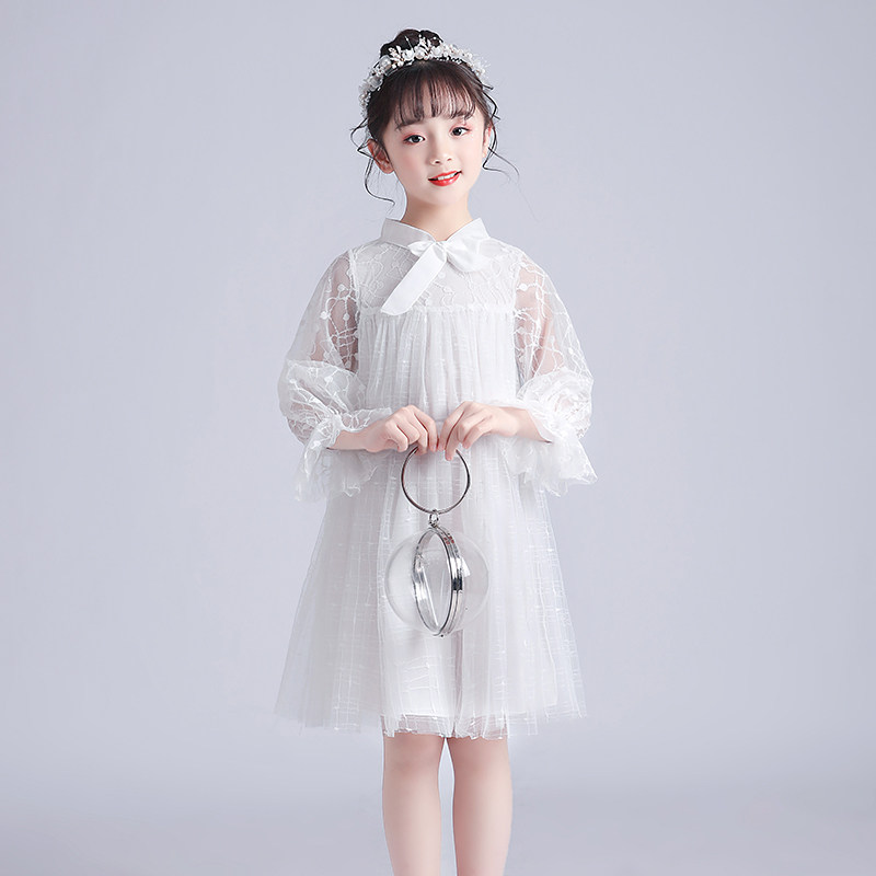 Girl small fragrance dress white 2020 autumn new style little girl spring and autumn long sleeve childrens skirt autumn