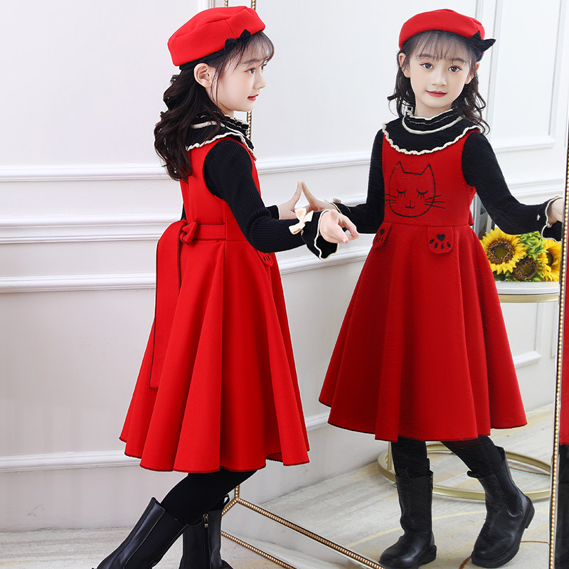 Girls dress suit Spring and autumn little girl foreign air skirt red childrens wool vest in the big child two-piece set