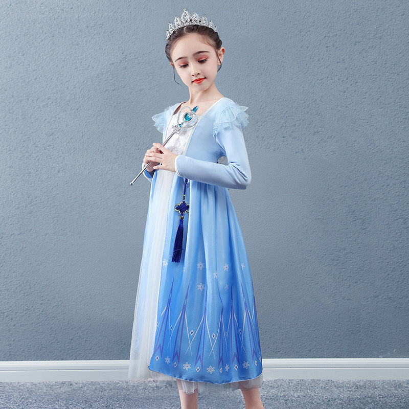 Aisha princess dress Female spring and autumn long-sleeved childrens skirt Foreign Qi spring Aisha genuine frozen love sand dress