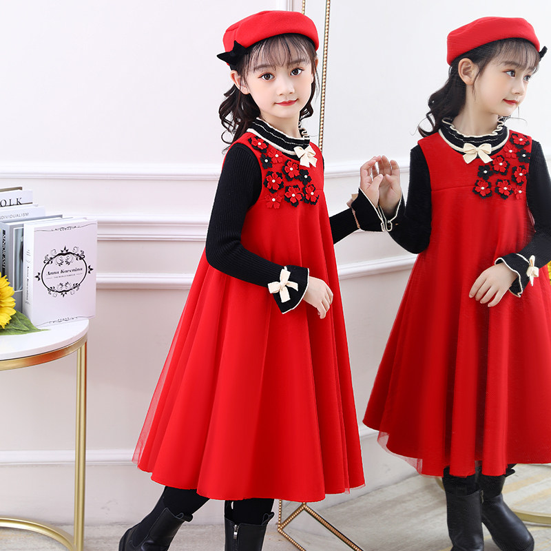 Childrens clothing 2020 new super foreign air autumn girls wool vest skirt long-sleeved top net red two-piece set of tide
