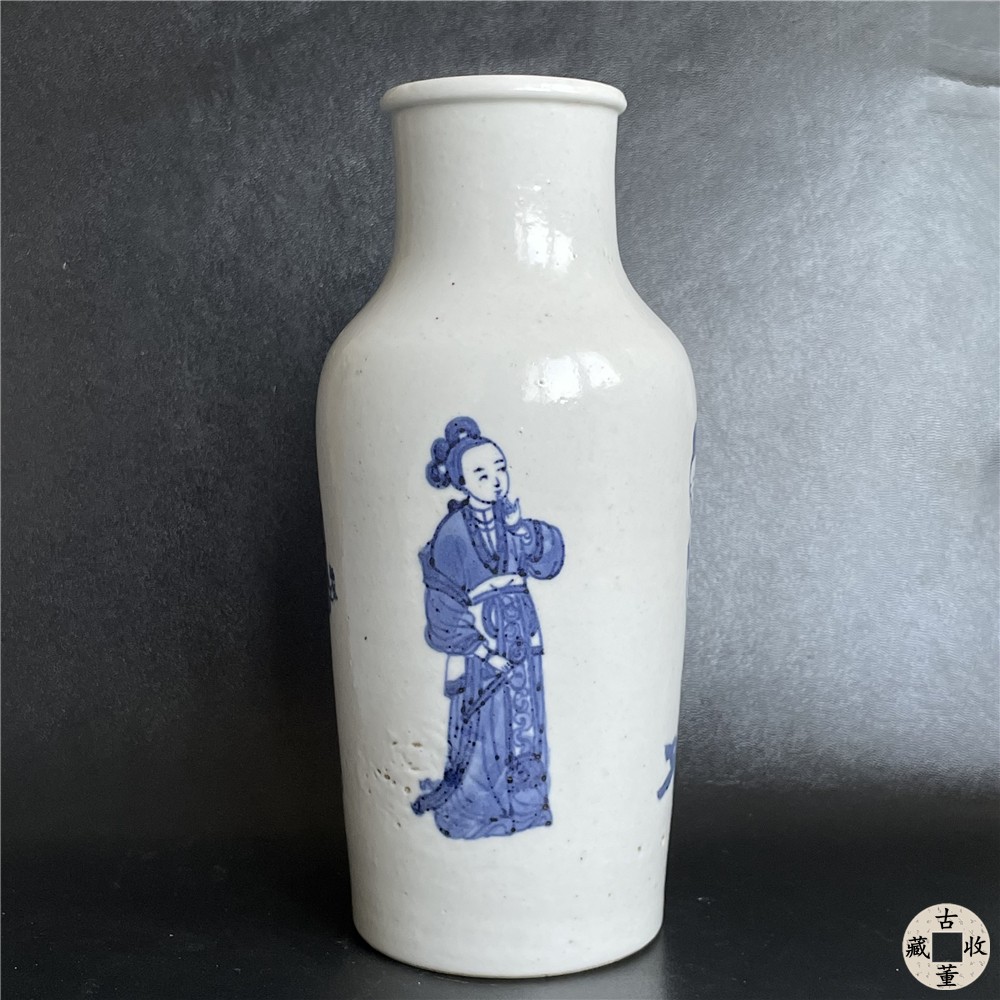 古董大清乾隆年制青花瓷人物花瓶清代老瓷器纯手工仕女图摆件收藏