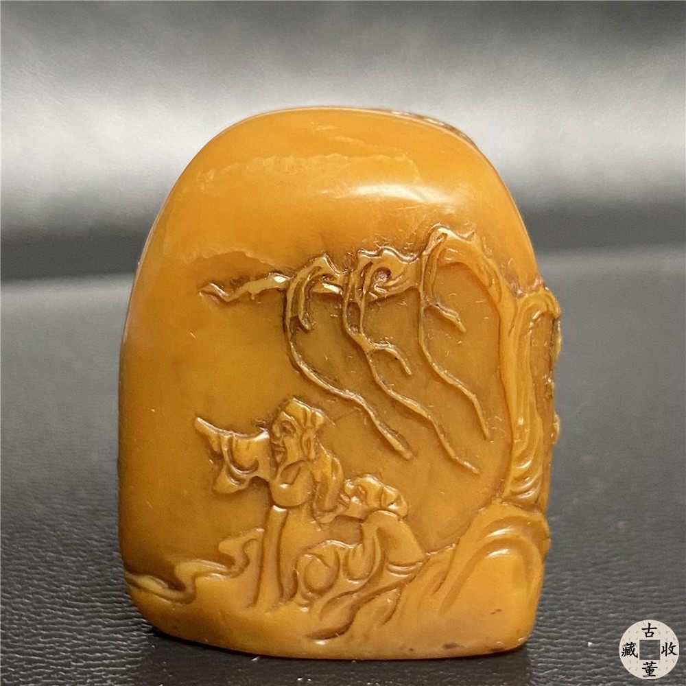 古董清代奚冈字纯章铁生款老寿山石田黄石印章纯手工雕刻人物山水