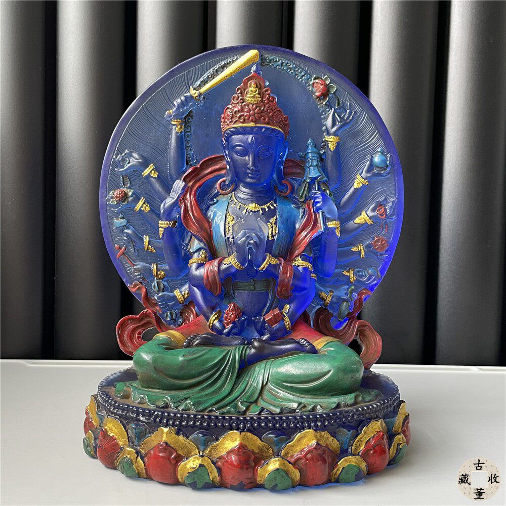 古董大明永乐年施超大十八臂准提菩萨老琉璃描金彩绘佛像摆件收藏