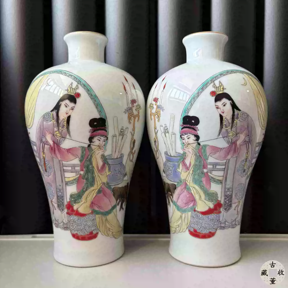 古董清代粉彩花瓶干隆年制仕女图瓷瓶收藏装饰白瓷工艺品