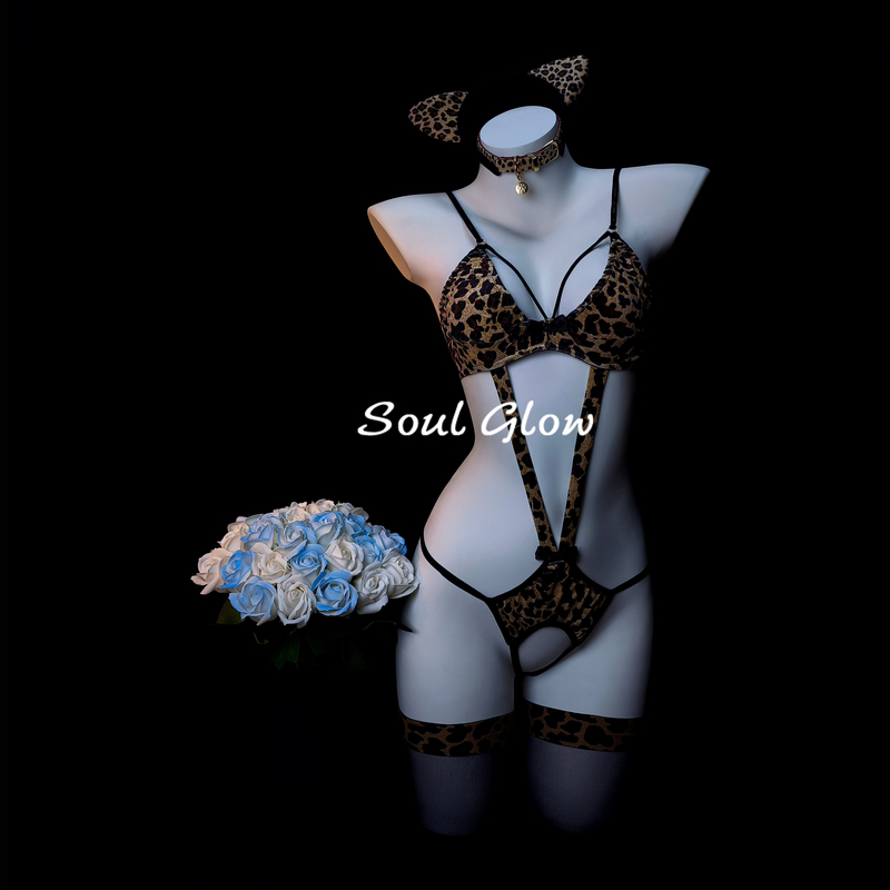 Yueji's "Wild Forbidden Realm" Sexy Pajamas for Women, Seductive Leopard Print Pure Desire Uniform, Hollow-Out Nightgown Jumpsuit Qqny