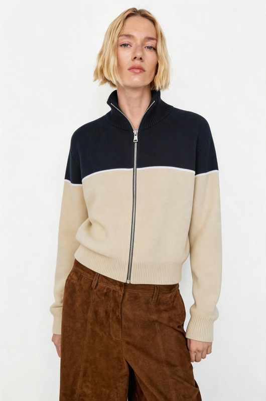 Cordera26 Early Autumn New Style Knitted Sweater with Stand Collar and Zipper, Color-Blocking Thin Retro Sports Style Knitted Cardigan Cordera26 Early Autumn New Style Knitted Sweater with Stand Collar and Zipper, Color-Blocking Thin Retro Sports Style Knitted Cardigan