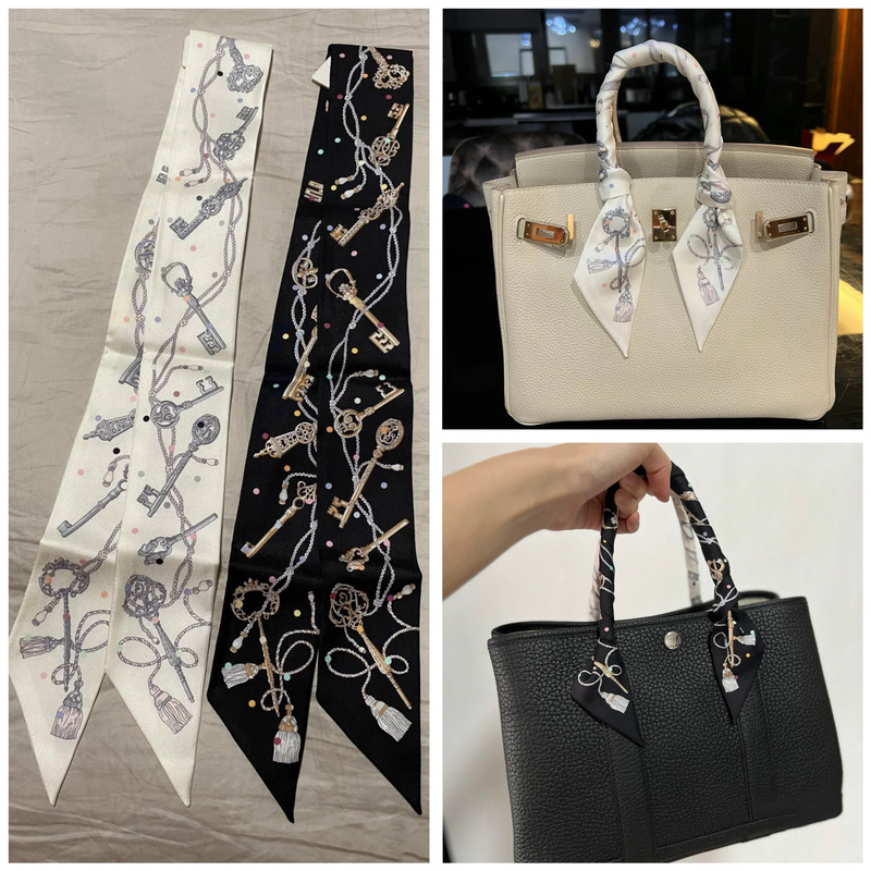Black Key Print Small Silk Scarf for Transforming Bag Chain Handles, Decorative Ribbon, Korean-Style Hairband, Wrapping Bag Ribbon