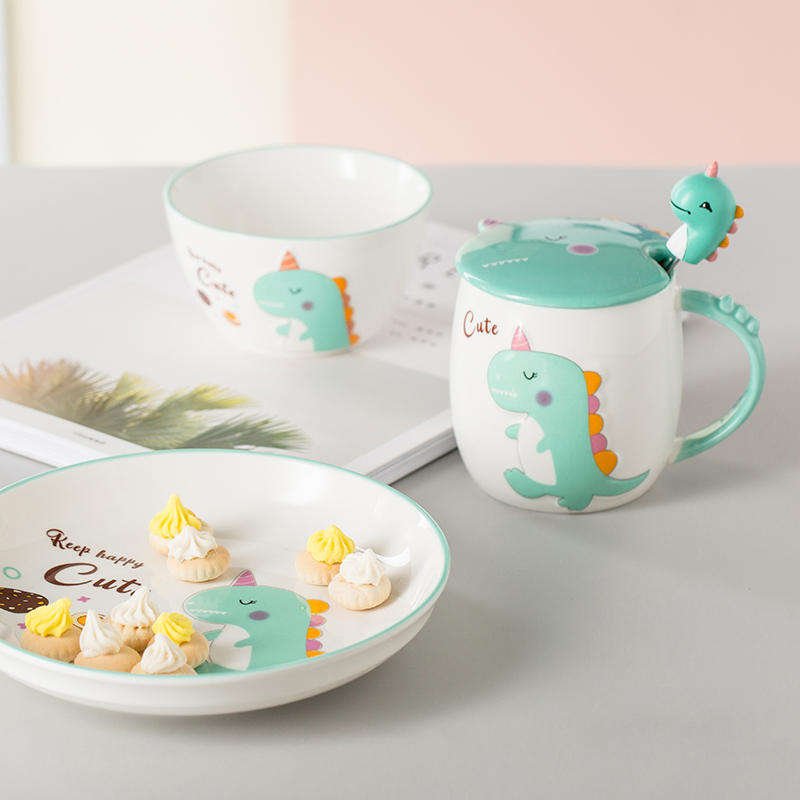 Children's Mug, Cute Little Dinosaur Ceramic Water Cup, Plate, Eating Bowl, Household Baby Snack Tableware Set