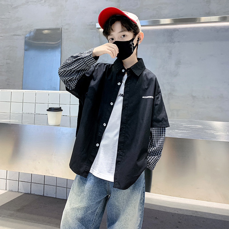 Children Shirt Boy Long Sleeve 2023 Autumn Clothing New Plaid Splicing Fake Two CUHK Child Labor Clothes Loose Lining-Taobao