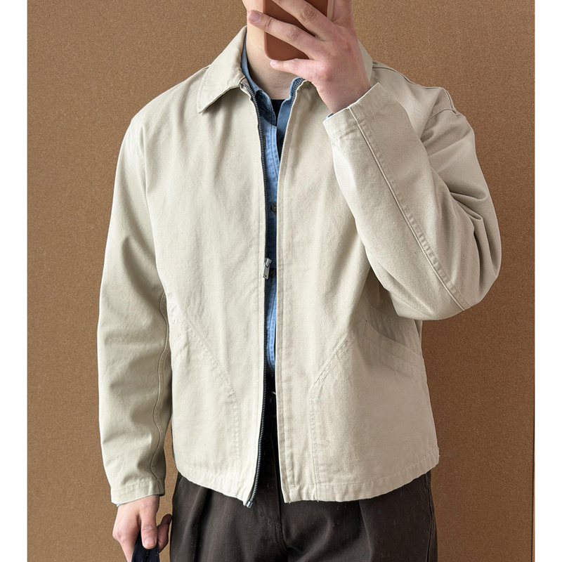 Houyi Spring Vintage Workwear Casual Men's Lapel Jacket Zipper Detroit Top Solid Color Jacket