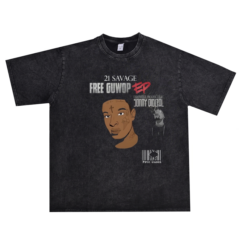 Digital Direct-Print Rock Rapper 21 Savage Printed Cotton Loose T-Shirt for Men and Women Heavyweight Short-Sleeved Hip-Hop