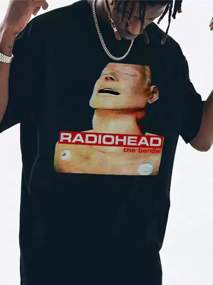 Radiohead Short-Sleeve Rock Print T-Shirt, Pure Cotton, Loose Fit, Album Heavyweight, Crew Neck, Hip-Hop