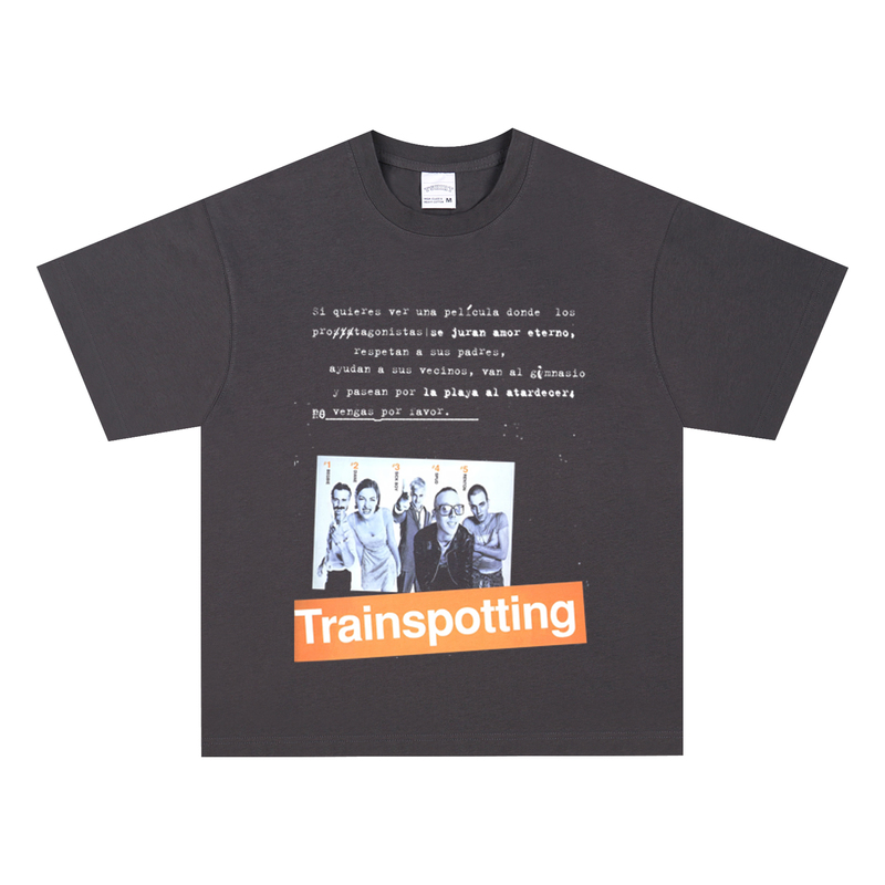 Screen-Printed Movie Trainspotting Guess-The-Train Poster Heavyweight Pure Cotton Short-Sleeve Printed T-Shirt American Loose Fit Screen-Printed Movie Trainspotting Guess-The-Train Poster Heavyweight Pure Cotton Short-Sleeve Printed T-Shirt American Loose Fit