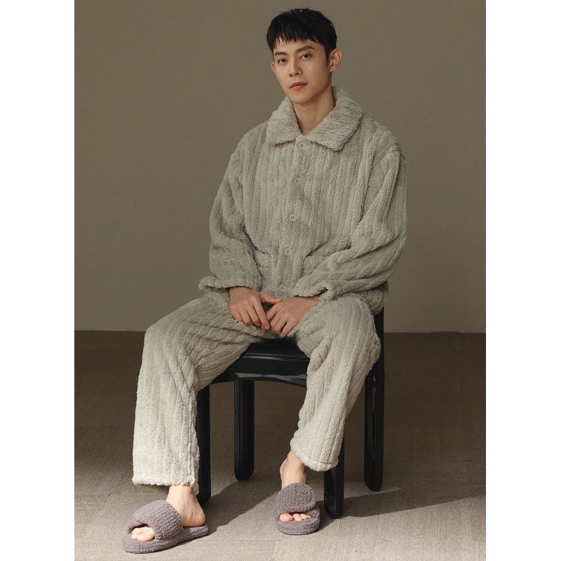 [Thickened and Fleece-Lined] Coral Fleece Pajamas for Men, Autumn and Winter Flannel Warm Plush Cardigan Set, Loungewear