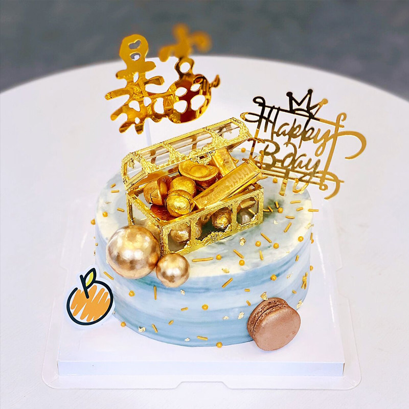 Cake Chocolate Gold Coin Gold Treasure Chest Ornament Baking Cake Decoration Rich Rich Cake Decoration Baking Insert Card