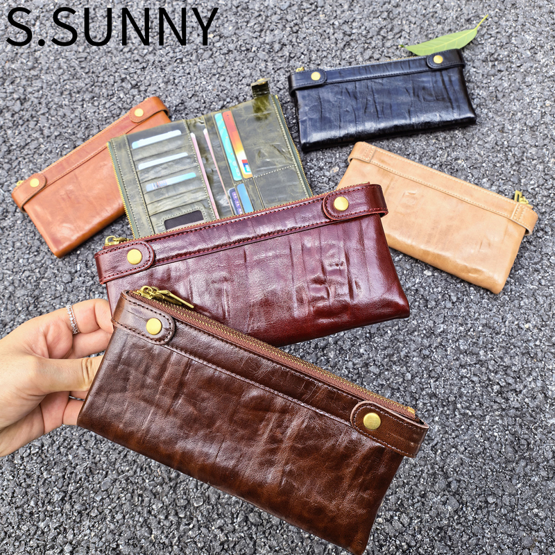 Genuine Leather Card Holder, Vintage Large-Capacity Wallet, First-Layer Vegetable-Tanned Cowhide, Zippered Id Storage Bag, Cowhide Card Holder