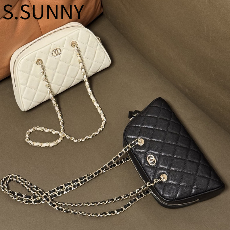 First-Layer Caviar Leather Quilted Chain Bag for Women, Fashionable Versatile Shoulder Underarm Bag with Metal Chain, Small Square Bag