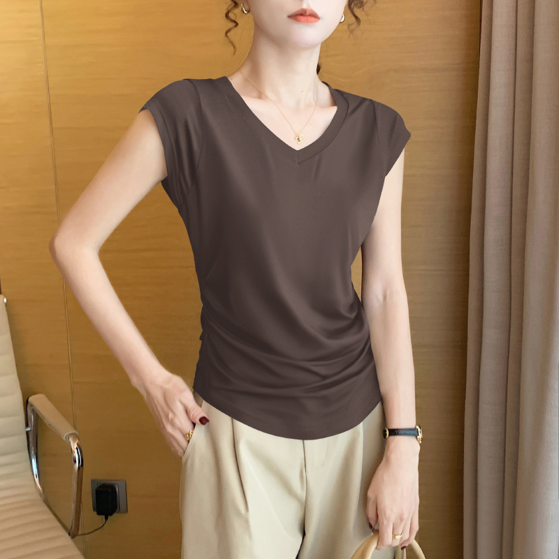 Coffee-Colored Modal V-Neck Sleeveless Vest T-Shirt for Women, Summer 2026 New Style, Ice Silk Outerwear, Sleeveless Waist-Cinching Top