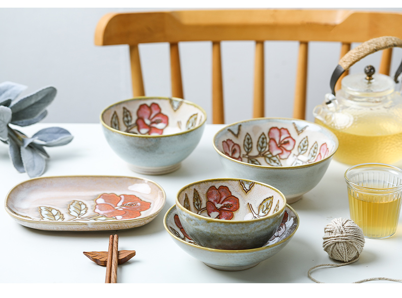 Japan 's imports of ceramic tableware red red flower bowl under the glaze color porringer rainbow such use a Japanese home