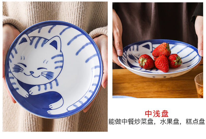 Japan imports ceramic bowl express cat pattern is 19.5 cm in shallow dish dish dish dish word "dumpling"