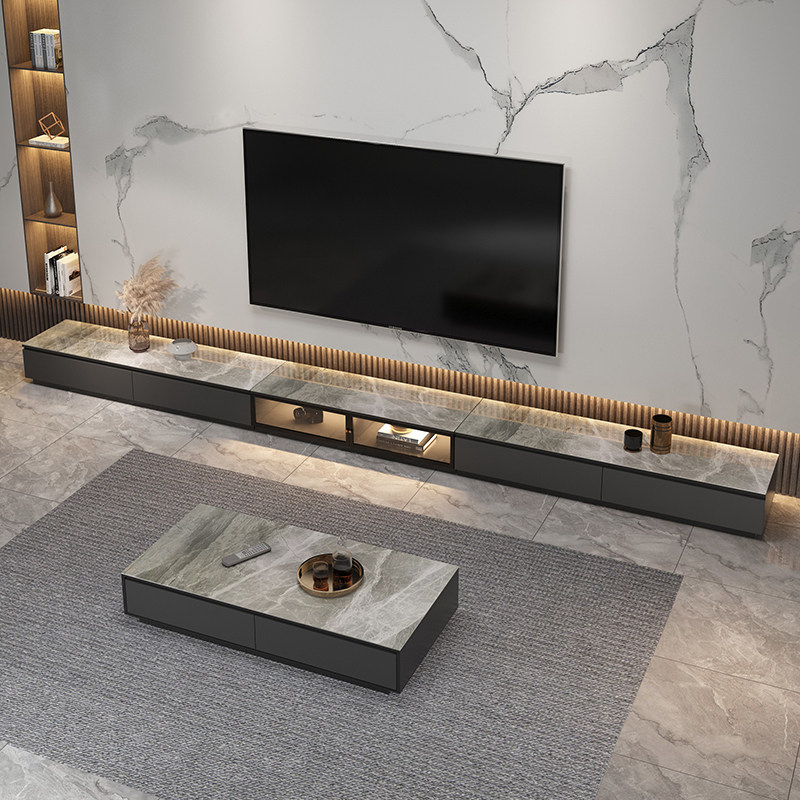 Light and luxurious light rock plate TV cabinet tea table combination modern minimalist small family type glass with lamp ground cabinet TV cabinet