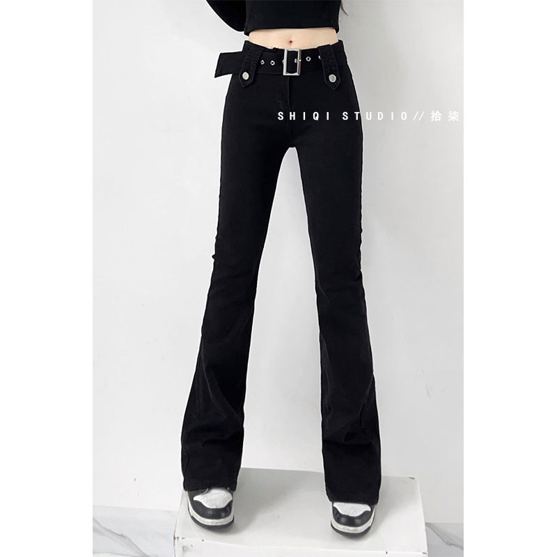 Black Jeans for Women, New Autumn Style, Low-Waisted, Slimming, Straight-Leg, Slightly Flared, Floor-Length Casual Pants with Belt, Trendy