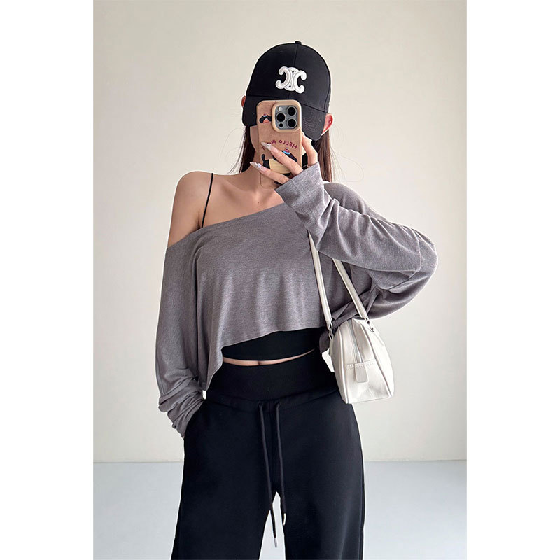 European and American Style Loose Off-Shoulder Crop Top, Hot Girl Short Navel-Baring T-Shirt, Jazz Dance Costume Cover-Up