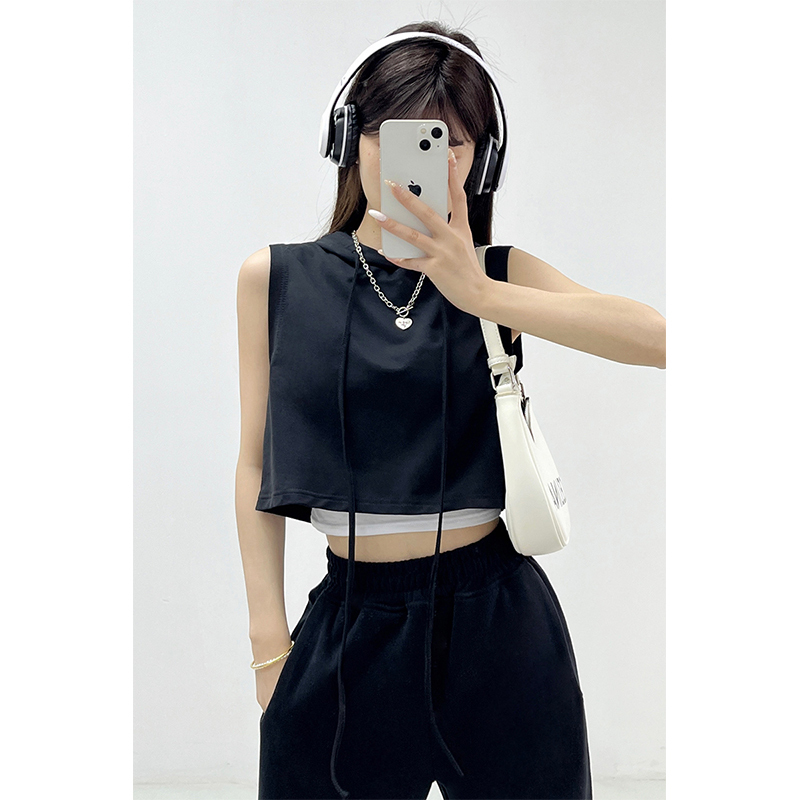 Jazz Dance Sports Drawstring Hooded Top with a Unique Design, Loose Short Sleeveless Vest T-Shirt for Women Jazz Dance Sports Drawstring Hooded Top with a Unique Design, Loose Short Sleeveless Vest T-Shirt for Women