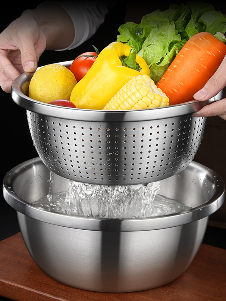 Food grade 304 stainless steel raspberry set thickened household kitchen beating eggs and washing dishes drain basket drain bowl male