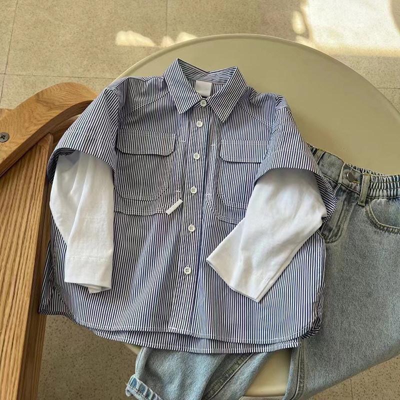 Pola South Korean boy clothing boy fake two shirts 2022 spring children's vertical striped shirt girl foreign blouses