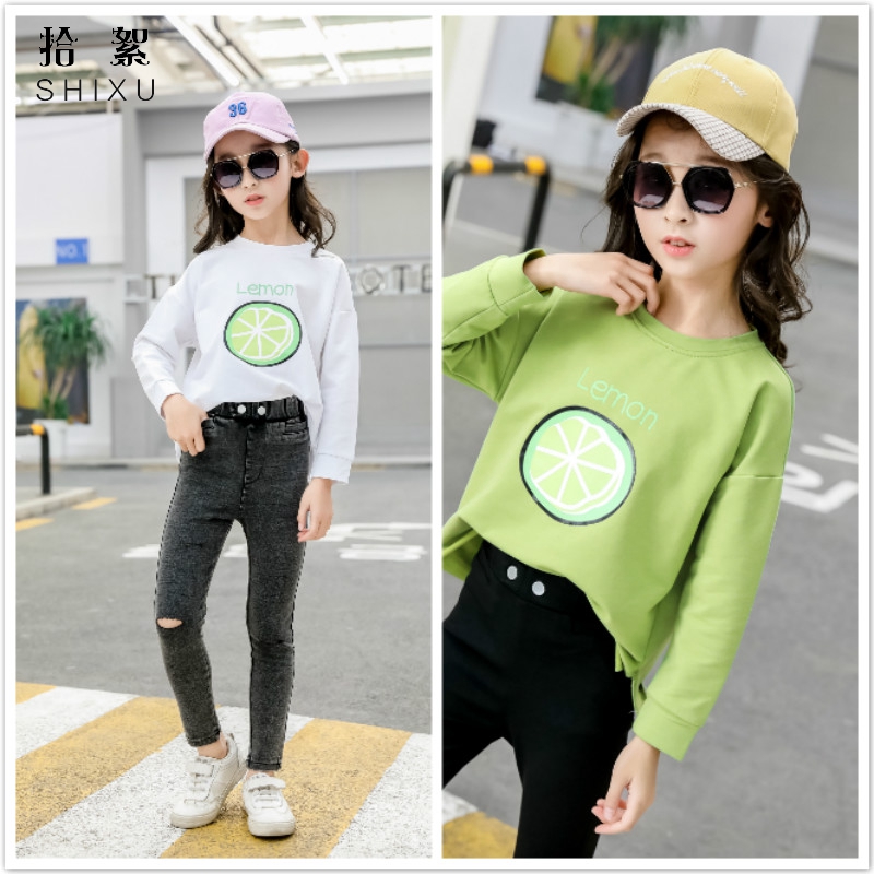 Girls Vòng cổ áo dài tay áo T-Shirt dưới 2020 Thu New Mid-Năm Kids 10 cô gái đơn giản Loose Top 9.