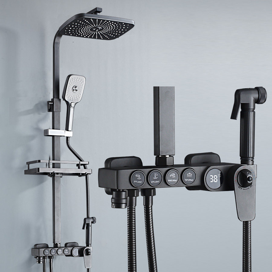 Gun gray digital display shower shower set shower wall-mounted shower artifact household all-copper thermostatic nozzle bath