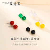 Sleeping without picking chalcedony earrings female Jade agate cold wind simple Net red ear hole sterling silver earrings