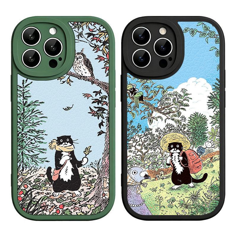 Cow Cat's Forest Adventure Artistic Illustration Lambskin Phone Case Suitable for iPhone 17 Pro Max Shockproof 16 Pro Soft Case 15/14 Plus Apple 13 Mini Full Cover 12/11