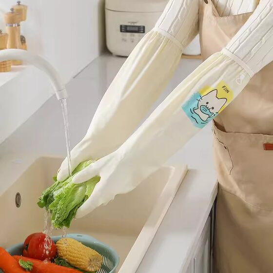 Japan's extended dishwashing gloves, housework kitchen durable women's velvet thickened waterproof vegetables and clothes cleaning special